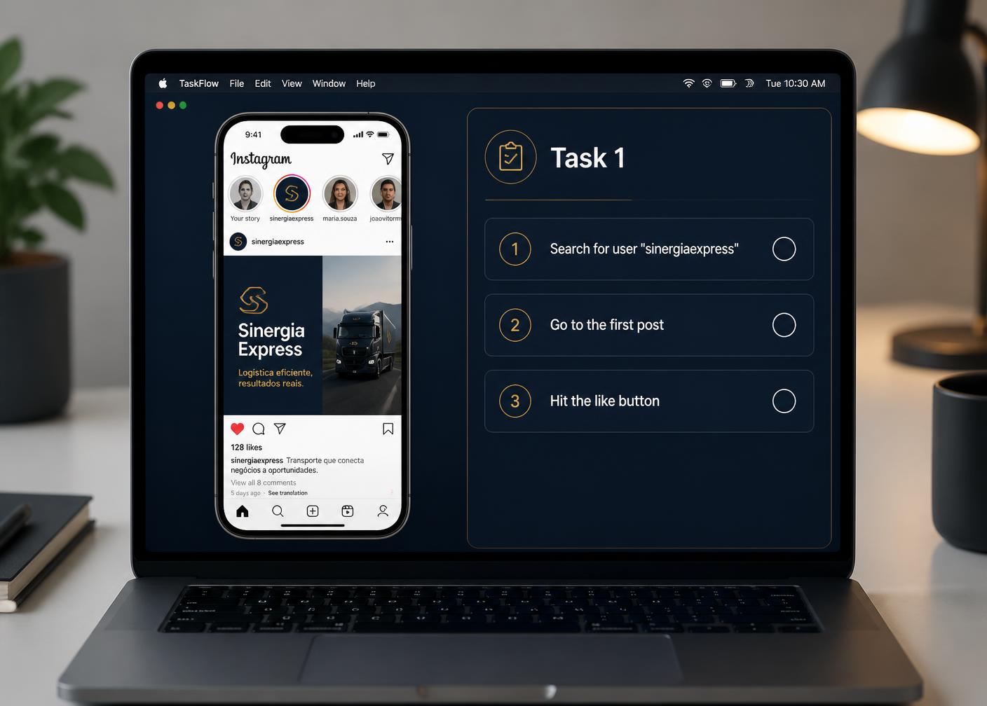 SinergiaExpress contributor desktop app — Instagram task on the left, task assignment list on the right